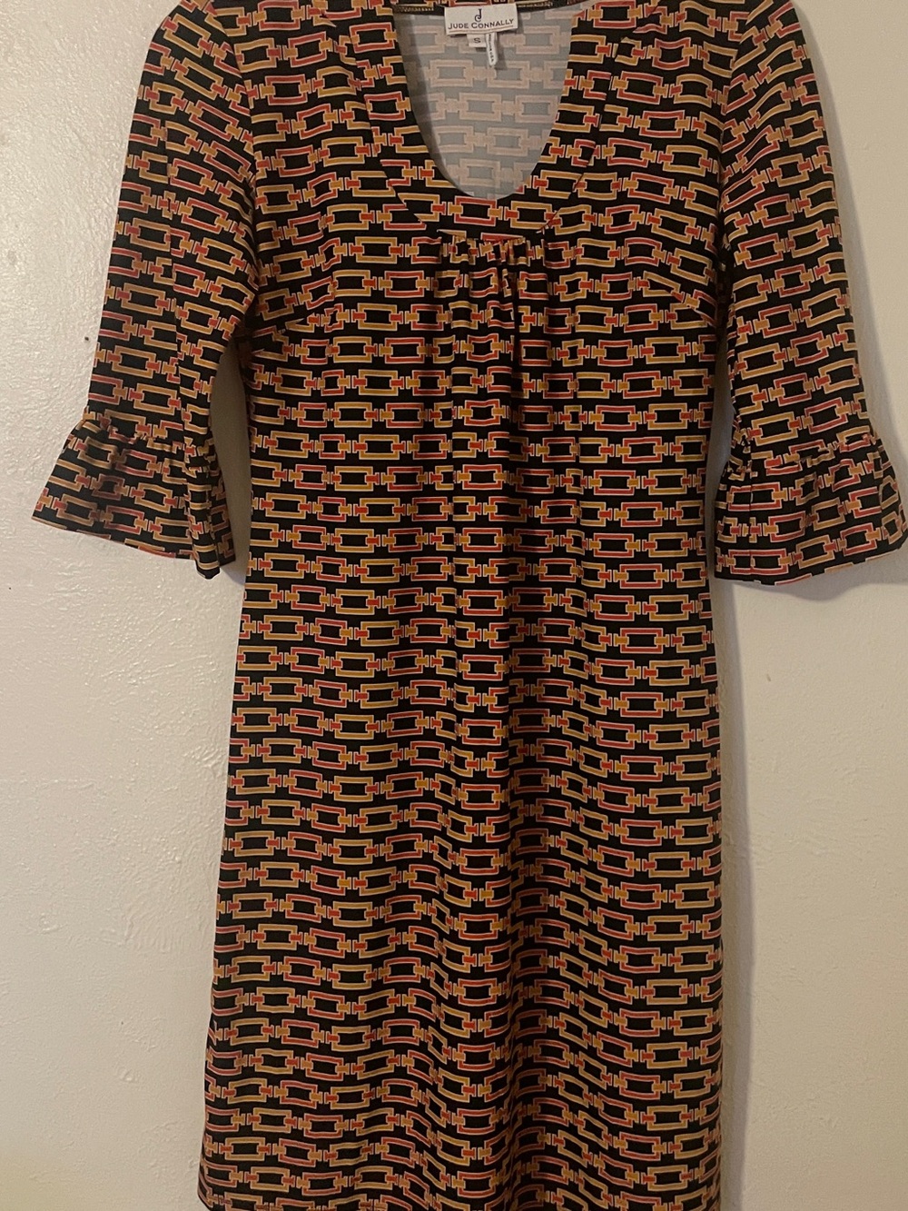 Jude Connally Geometric Chain Link Print Shift Dress Black Orange Yellow S